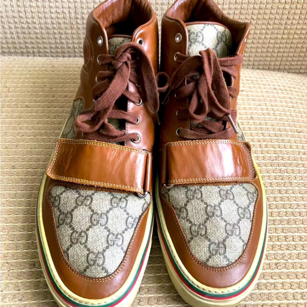 Gucci Boots, 12, brown leather, GG monogram, Gucci green & red trim.
